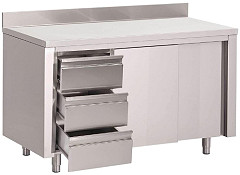  Gastro M worktable with sliding doors,left 3 drawers and upstand 180(d)x70x85(h)cm 