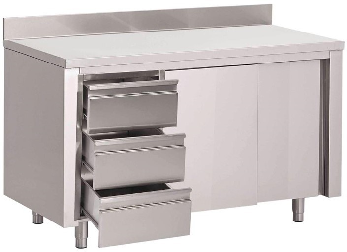  Gastro M worktable with sliding doors,left 3 drawers and upstand 180(d)x70x85(h)cm 
