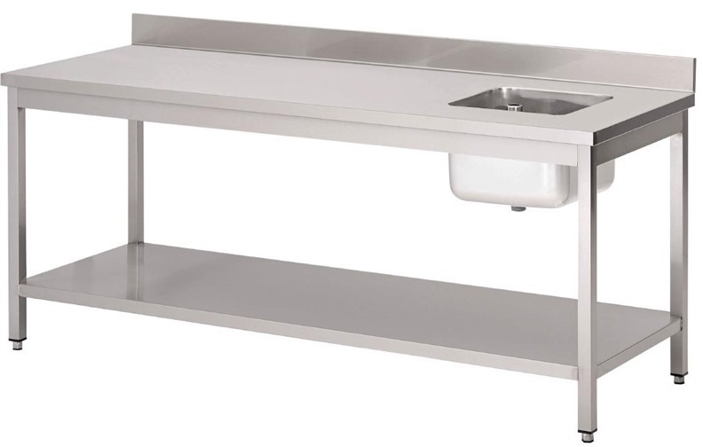  Gastro M tables with drainerbowl and upstand, 140(l)x70(b)x85(h)cm, bowl on the right 