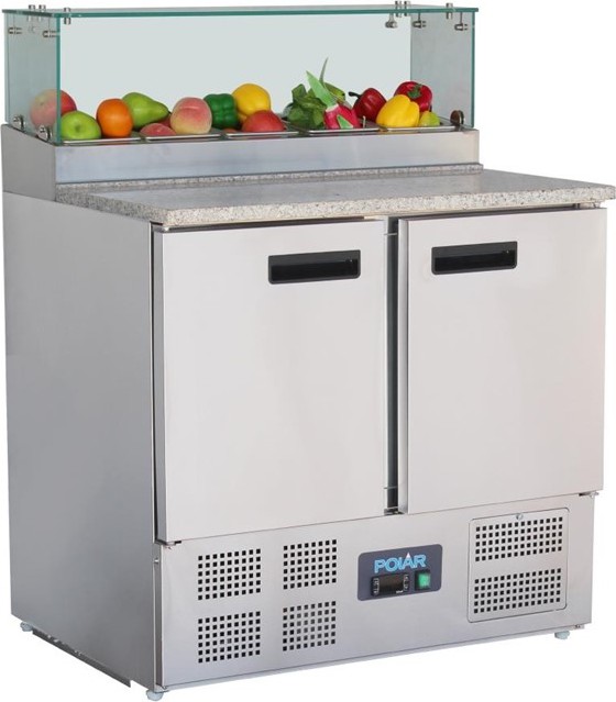  Polar G-Series 2 Door Pizza Prep Counter with Glass Sneeze Guard 256Ltr 